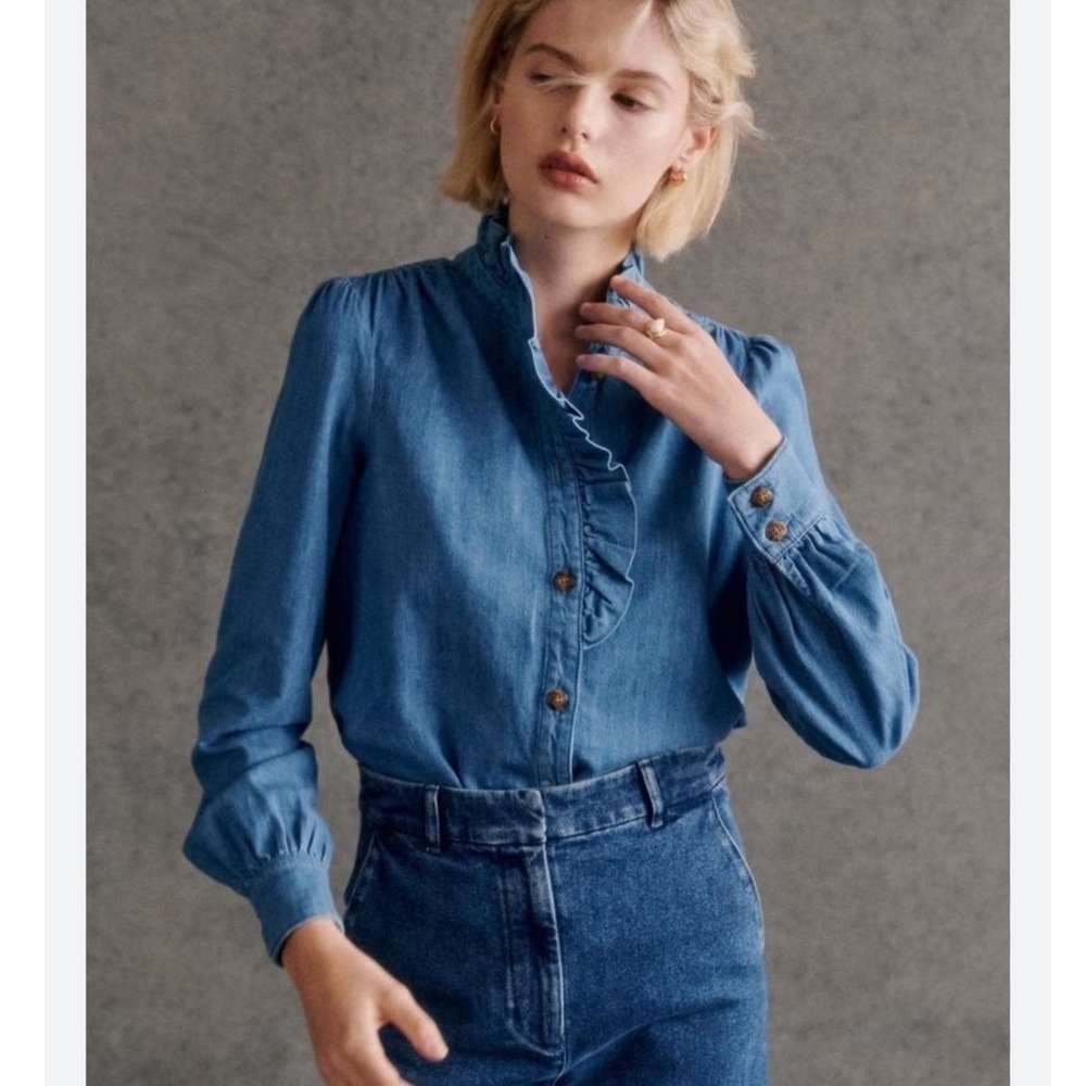 Sézane Chlo button-down shirt Size 34 Chambray Denim Cottagecore‎